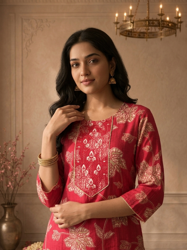 Magenta Muslin Floral Vine Printed Kurta