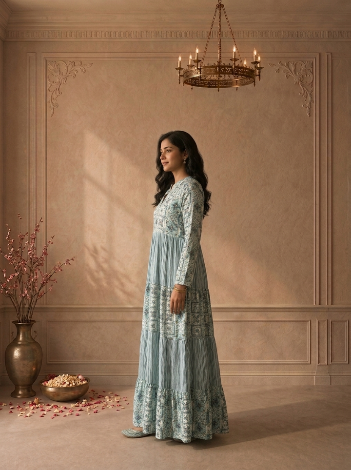 Sky Blue Rayon Moroccan Tile Printed Long Dress