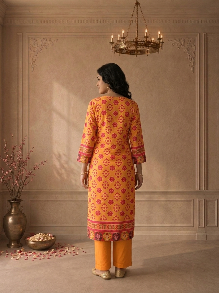 Mustard Silk Patola Ikat Printed Two Piece Set