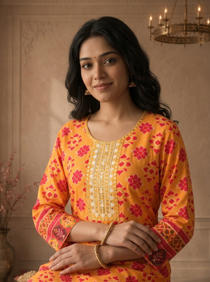 Mustard Silk Patola Ikat Printed Two Piece Set