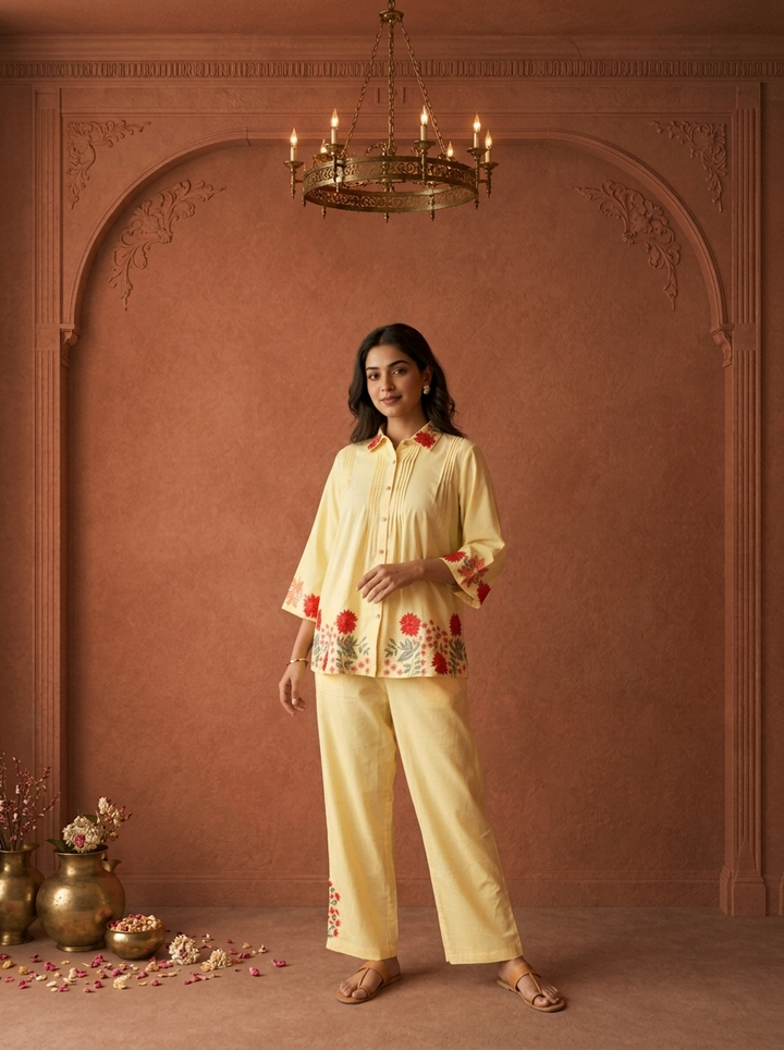 Yellow Cotton Floral Embroidered Two Piece Set