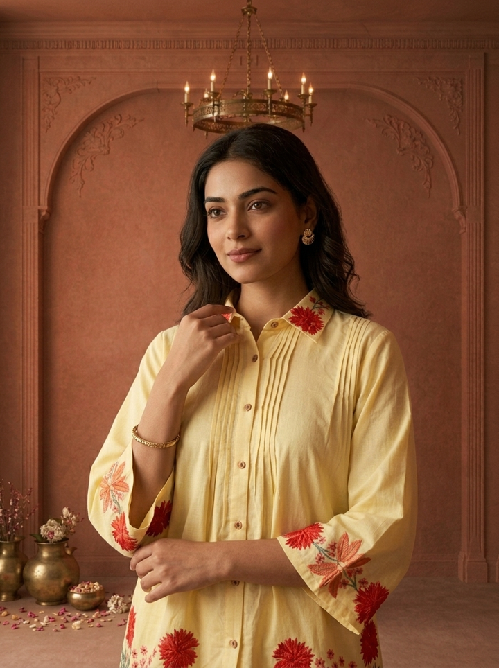 Yellow Cotton Floral Embroidered Two Piece Set