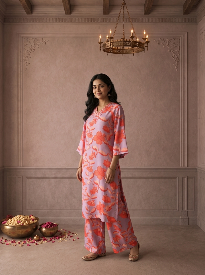 Lilac Muslin Tropical Floral Printed Two Piece Set
