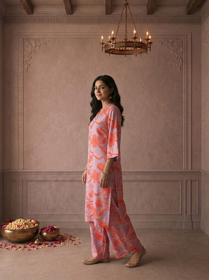 Lilac Muslin Tropical Floral Printed Two Piece Set