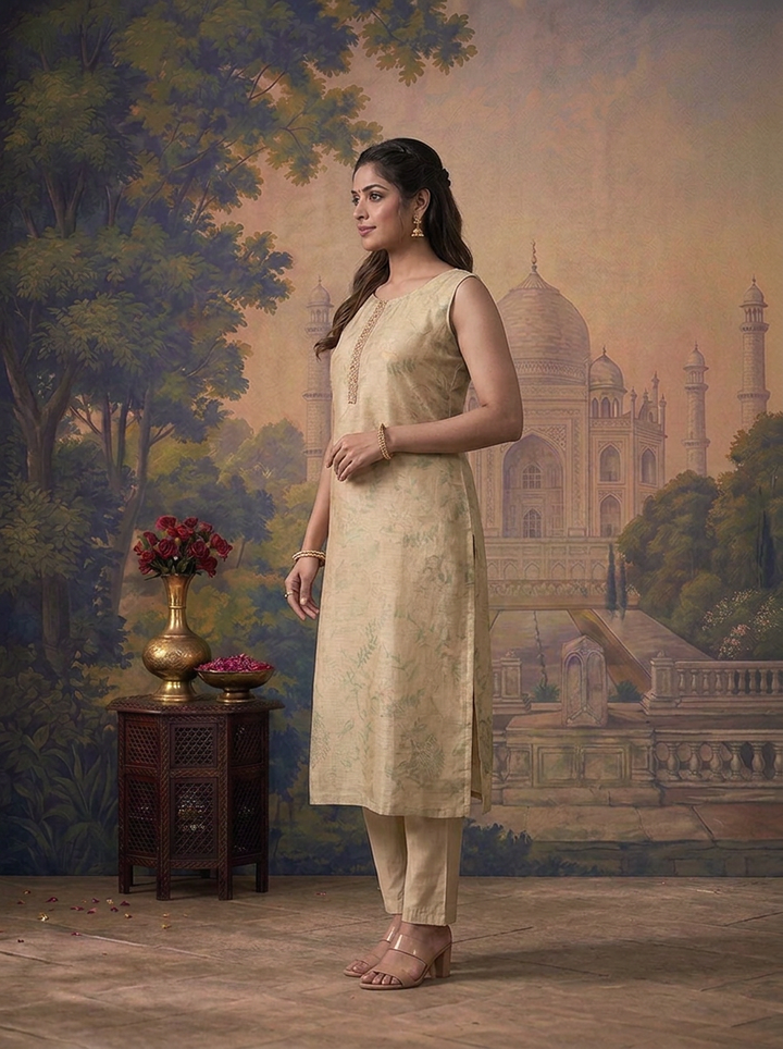 Pista Green Silk Watermark Floral Printed Three Piece Set
