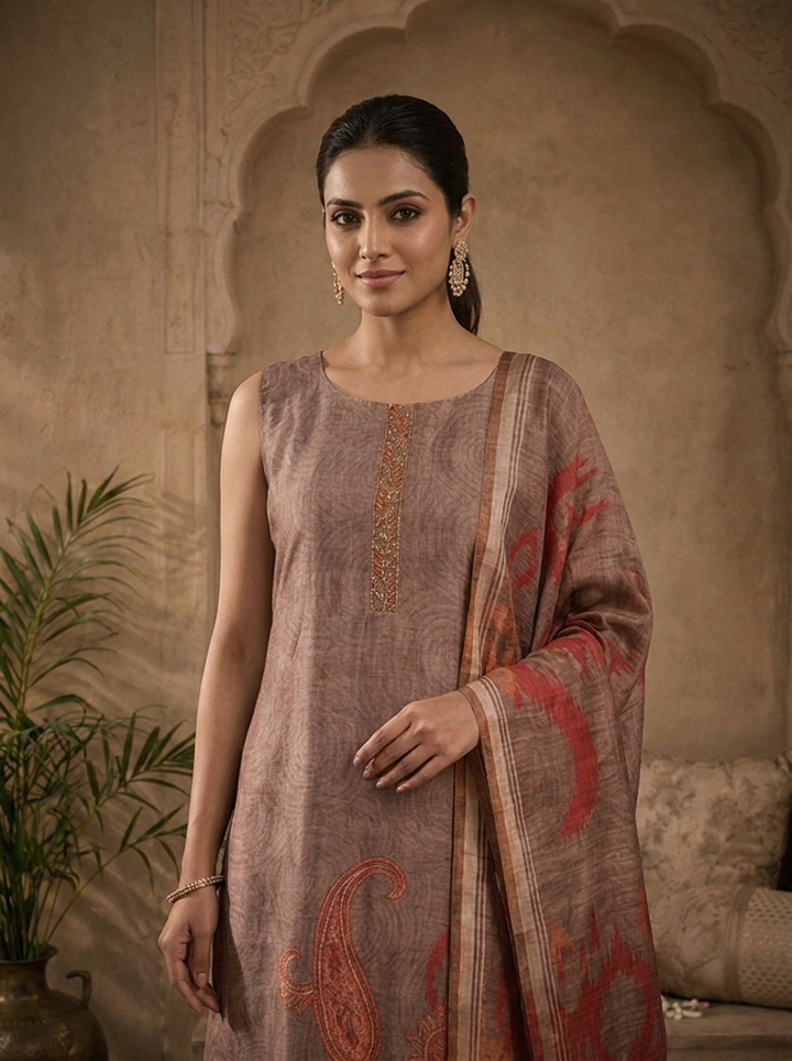 Brown Silk Ikat Paisley Printed Three Piece Set