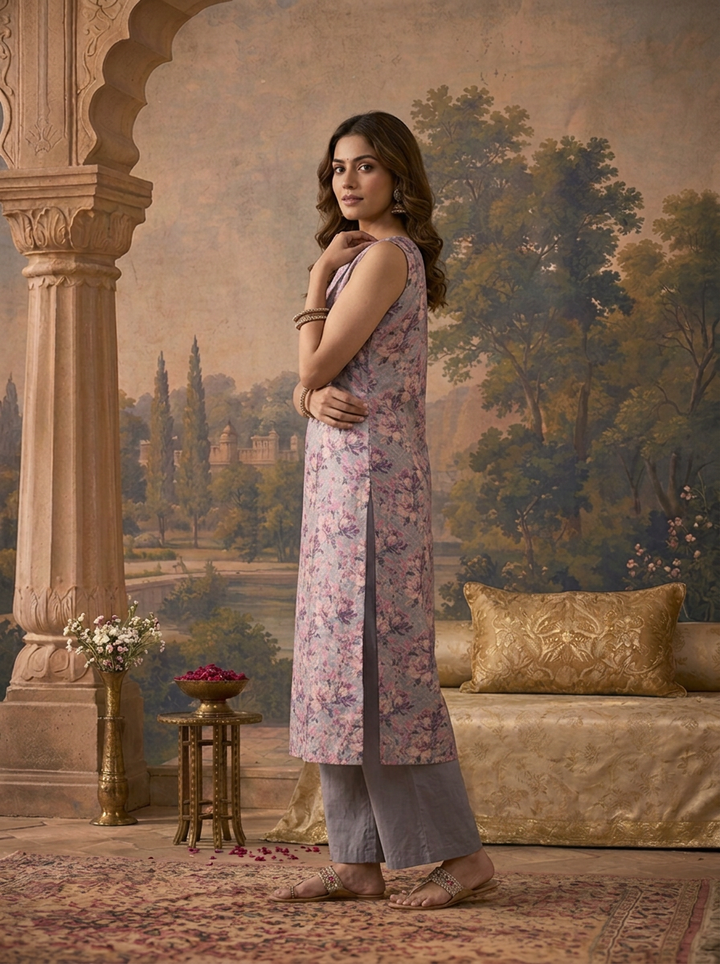 Lavender Silk All-Over Floral Printed Three Piece Set
