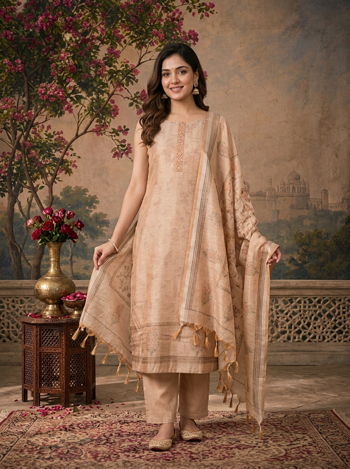 Beige Silk Watermark Floral Printed Three Piece Set