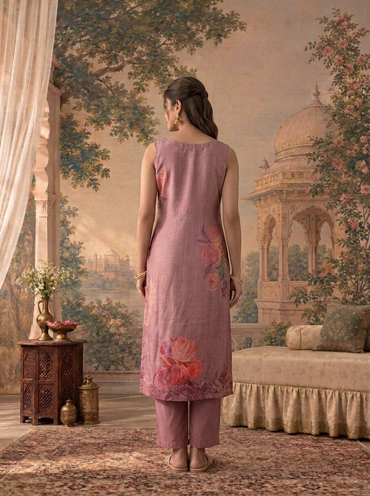 Lavender Silk Tropical Floral Placement Printed Three Piece Set