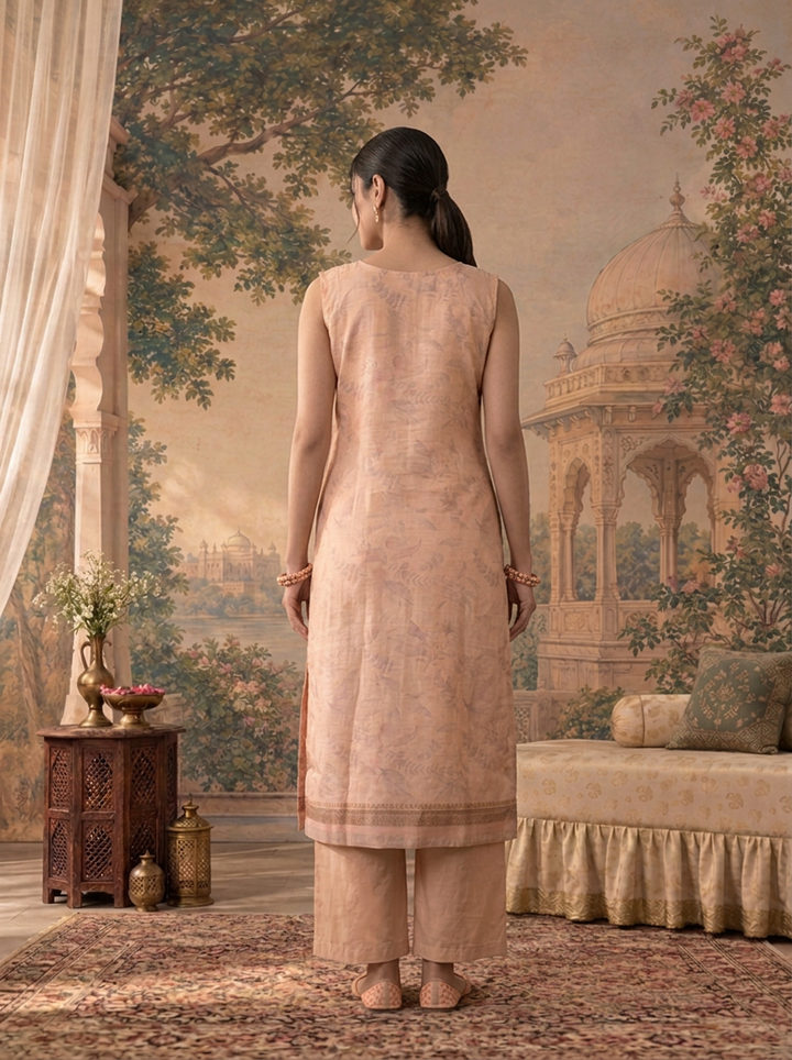 Peach Silk Watermark Floral Printed Three Piece Set