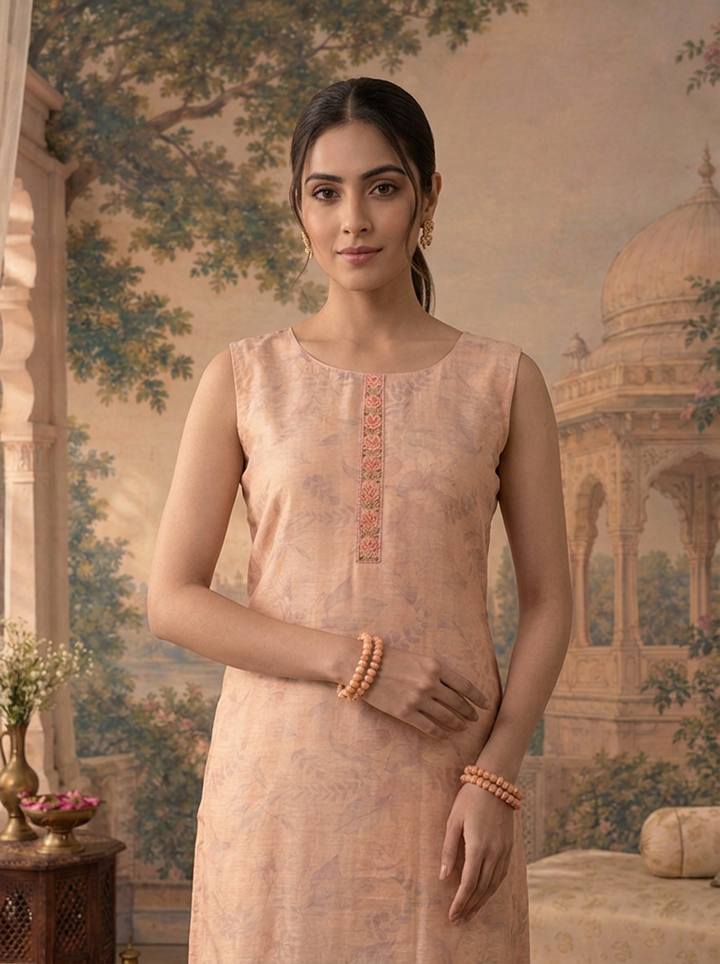 Peach Silk Watermark Floral Printed Three Piece Set