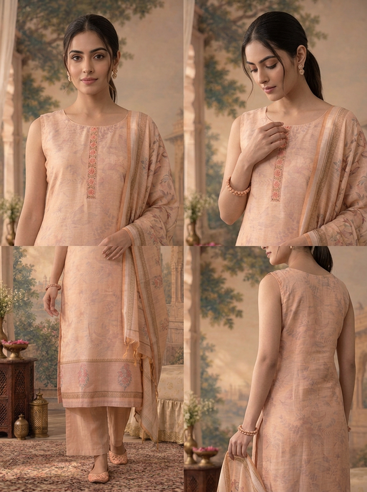 Peach Silk Watermark Floral Printed Three Piece Set