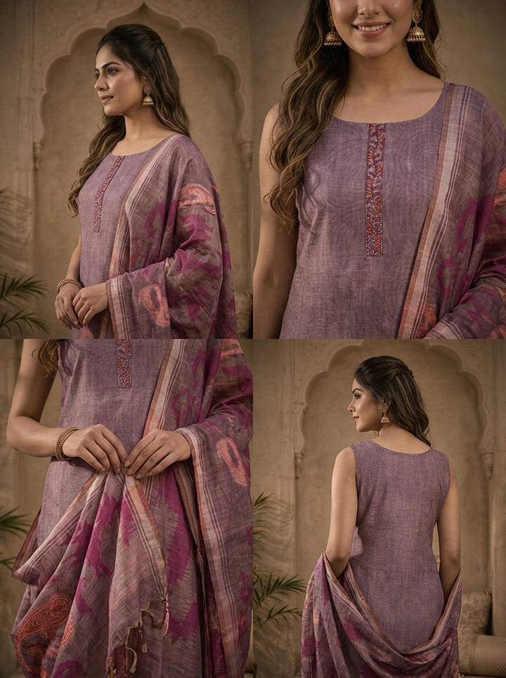 Lavender Silk Ikat Paisley Printed Three Piece Set