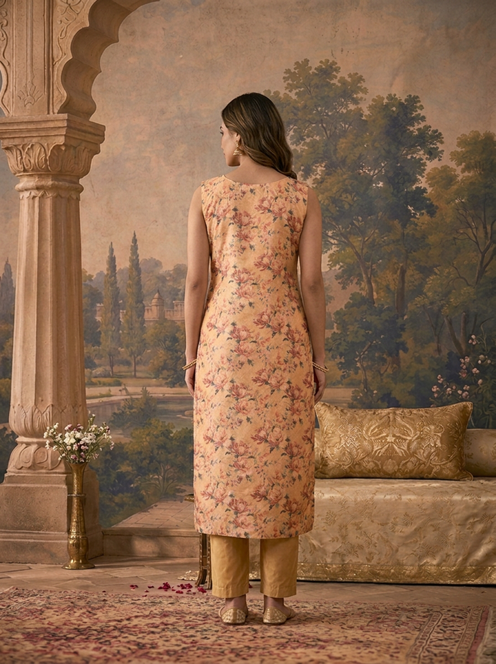 Beige Silk All-Over Floral Printed Three Piece Set