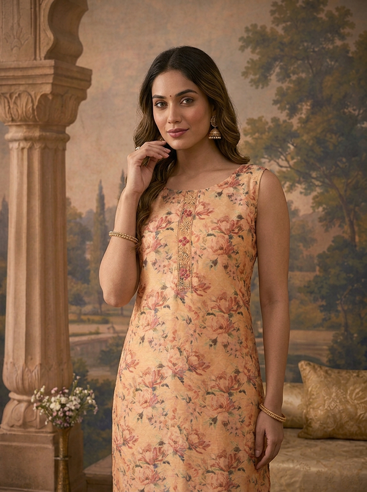 Beige Silk All-Over Floral Printed Three Piece Set