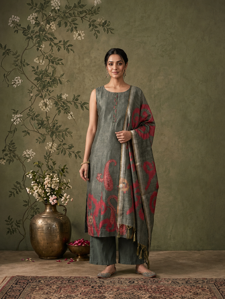 Sea Green Silk Ikat Paisley Printed Three Piece Set