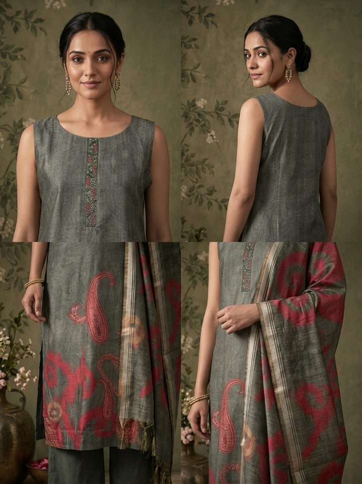 Sea Green Silk Ikat Paisley Printed Three Piece Set