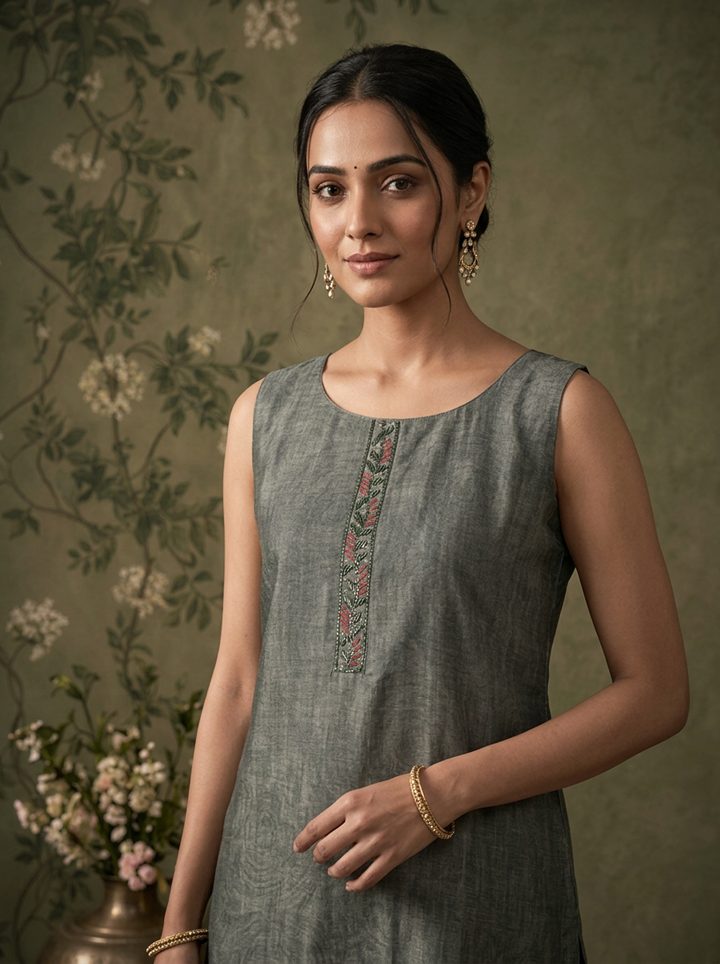 Sea Green Silk Ikat Paisley Printed Three Piece Set