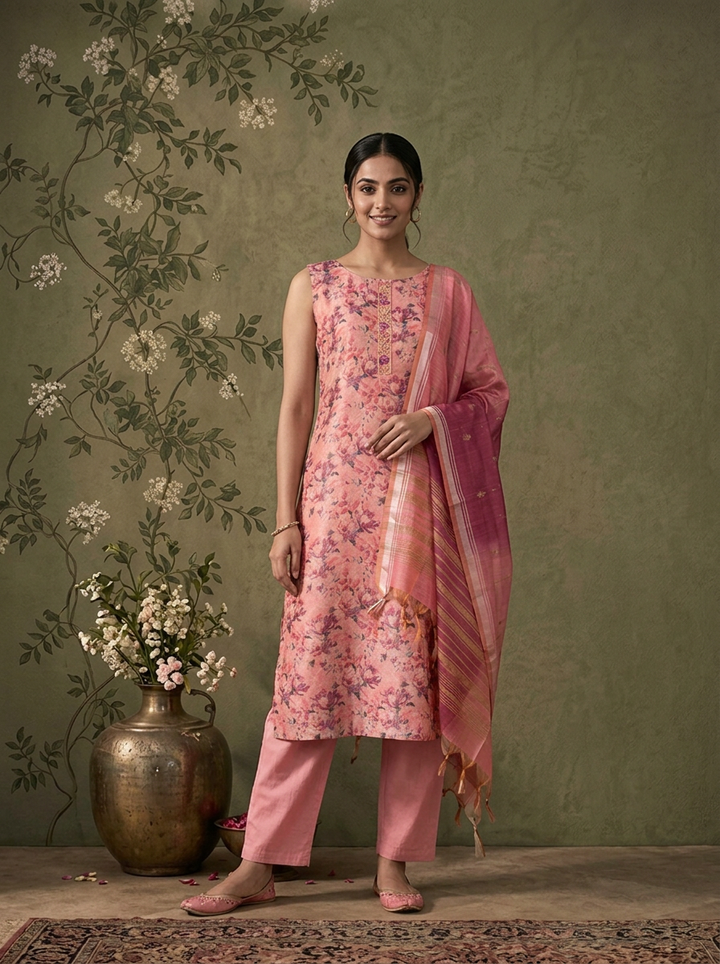 Onion Pink Silk All-Over Floral Printed Three Piece Set