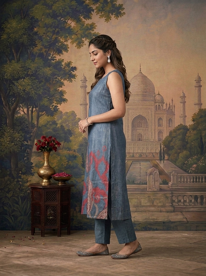 Blue Silk Ikat Paisley Printed Three Piece Set