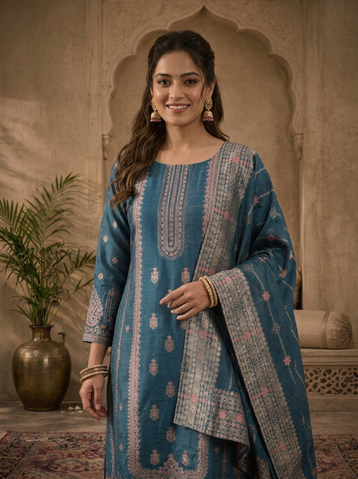 Peacock Silk Turquoise Zari Diagonal Jaal Weaved Three Piece Set