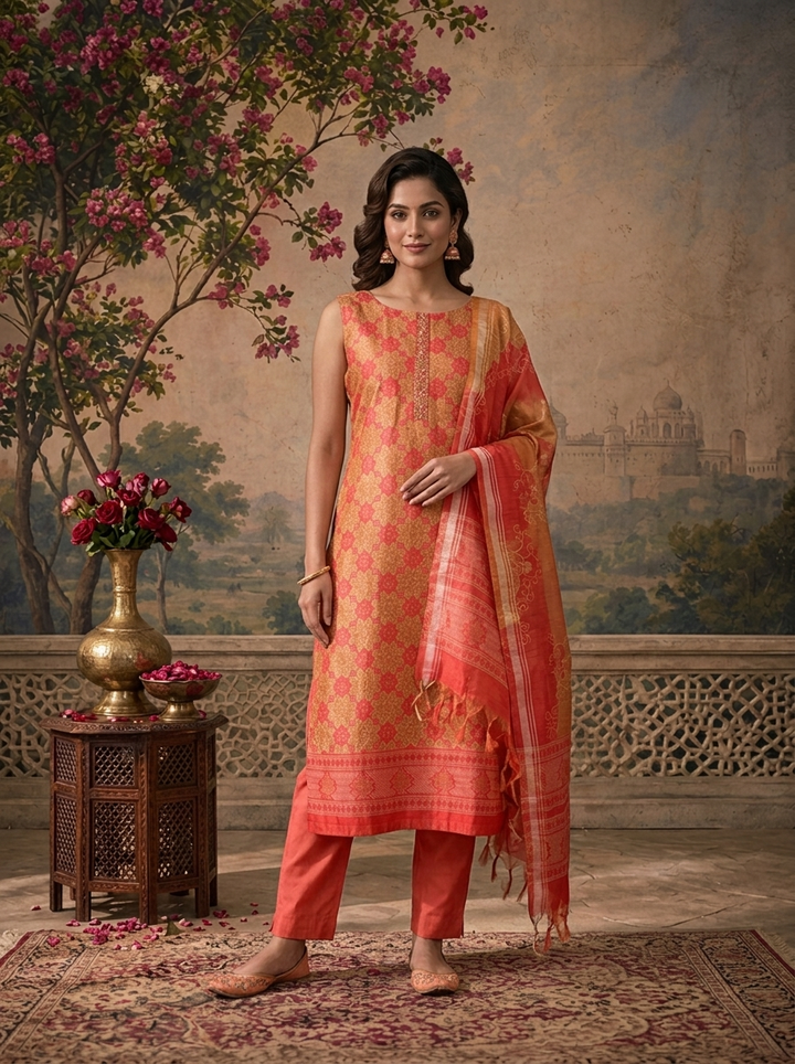 Gajari Silk Geometric Floral Printed Three Piece Set