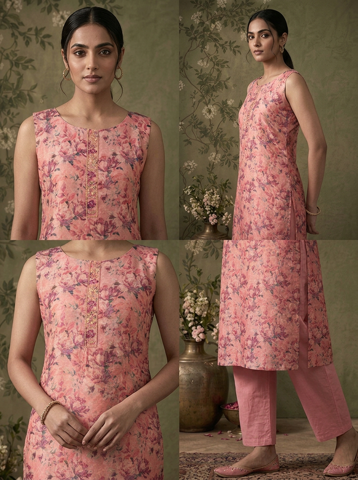 Onion Pink Silk All-Over Floral Printed Three Piece Set