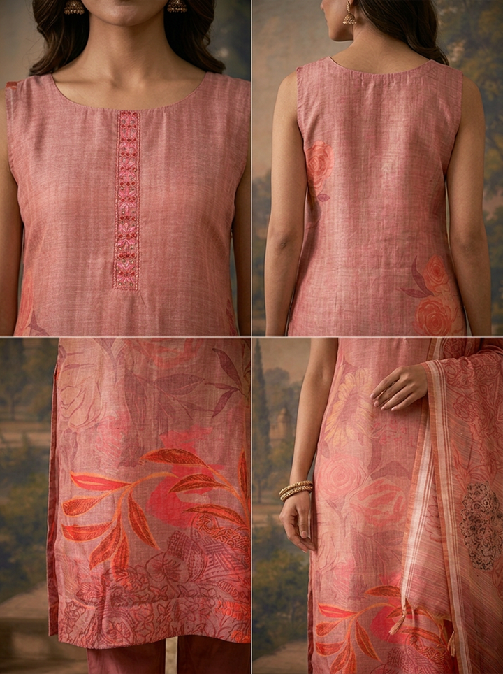 Onion Pink Silk Tropical Floral Placement Printed Three Piece Set