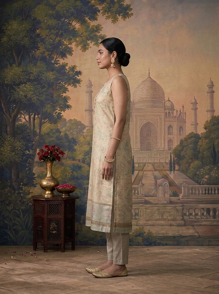 Grey Silk Watermark Floral Printed Three Piece Set
