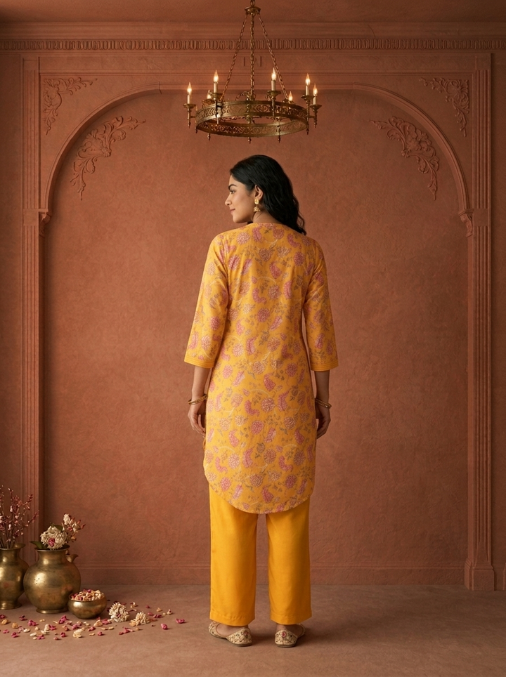 Yellow Muslin Digital Floral Printed Two Piece Set
