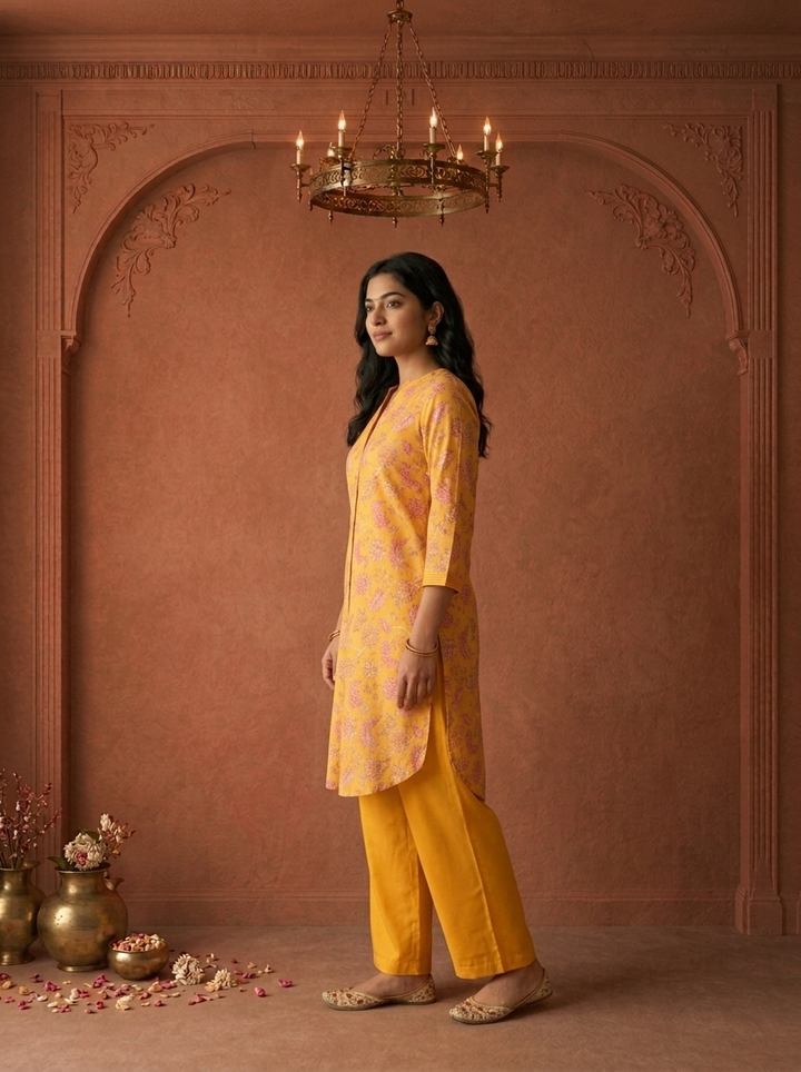 Yellow Muslin Digital Floral Printed Two Piece Set