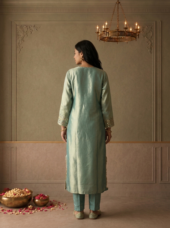 Sea Green Tissue Foil Mirror Embroidered Three Piece Set