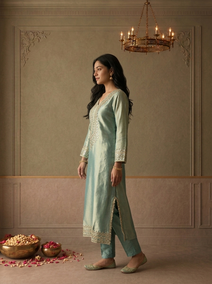 Sea Green Tissue Foil Mirror Embroidered Three Piece Set