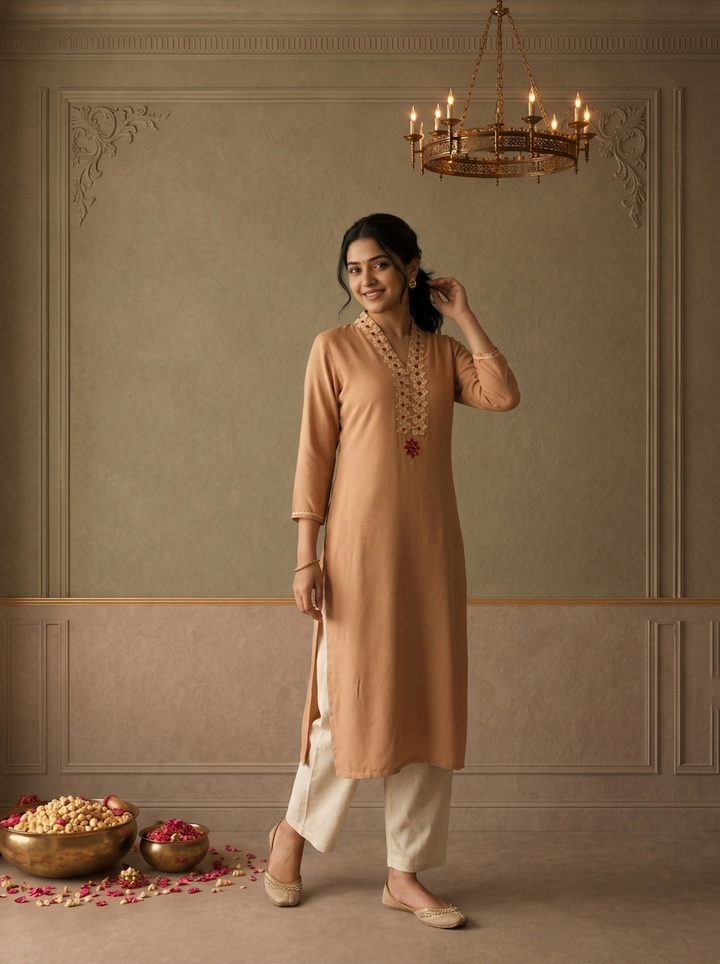 Beige Rayon Floral Thread Embroidered Kurta