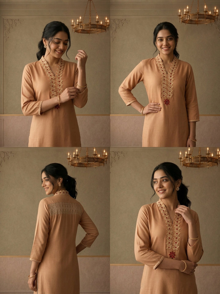 Beige Rayon Floral Thread Embroidered Kurta