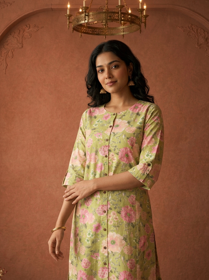 Pista Green Cotton Blossom Printed Kurta