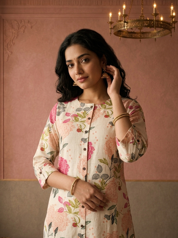 Off White Cotton Floral Jaal Printed Kurta