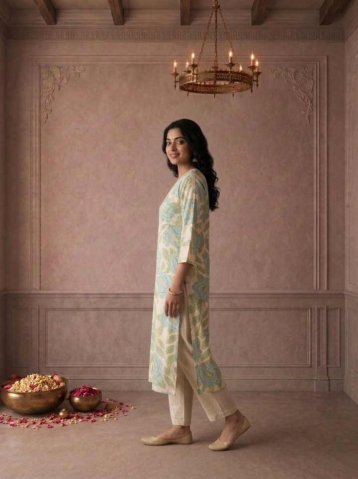 Ferozi Cotton Pixel Floral Printed Kurta