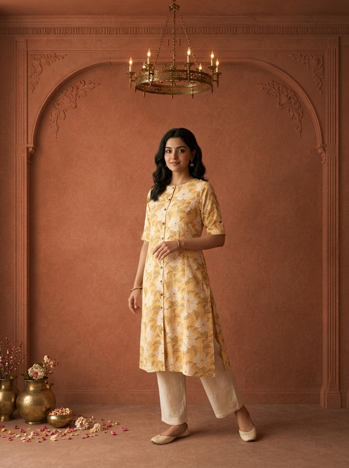 Yellow Cotton Digital Hibiscus Floral Printed Kurta