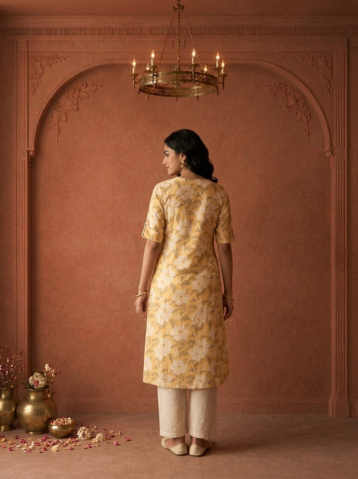 Yellow Cotton Digital Hibiscus Floral Printed Kurta