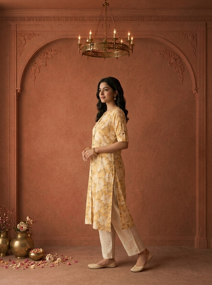 Yellow Cotton Digital Hibiscus Floral Printed Kurta