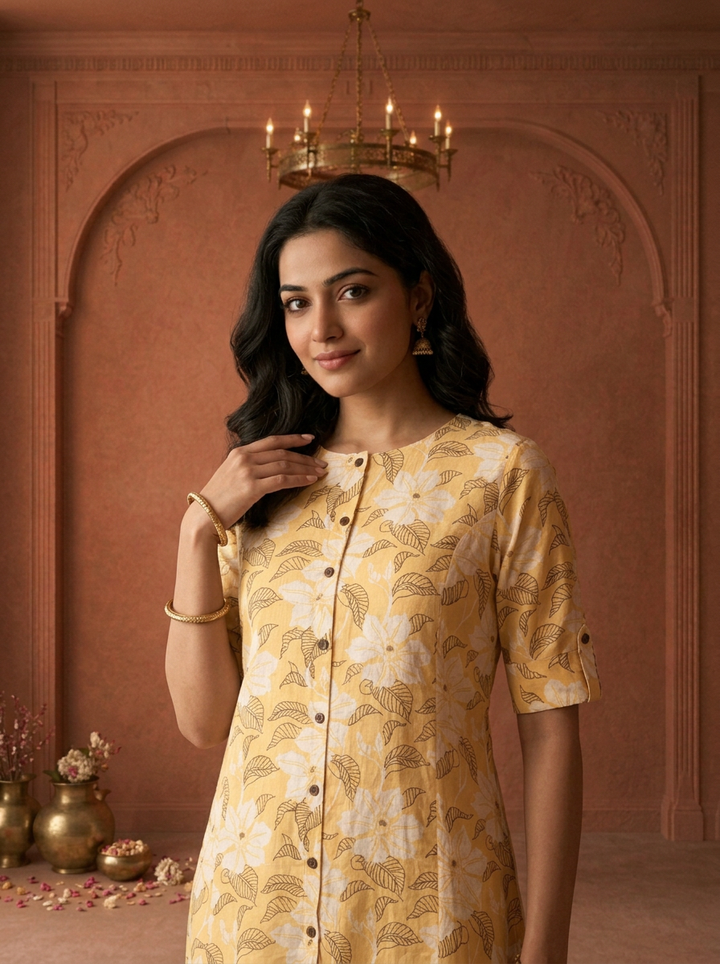 Yellow Cotton Digital Hibiscus Floral Printed Kurta