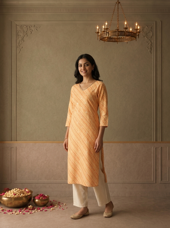 Yellow Cotton Striped Printed Kurta
