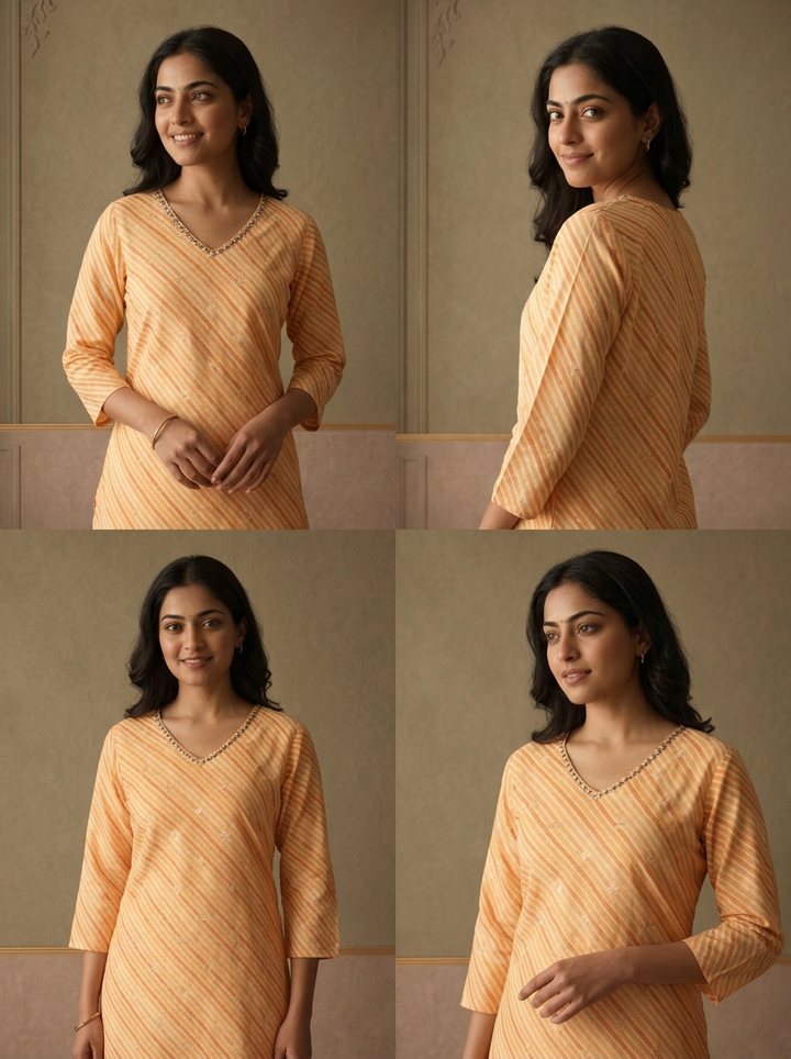 Yellow Cotton Striped Printed Kurta