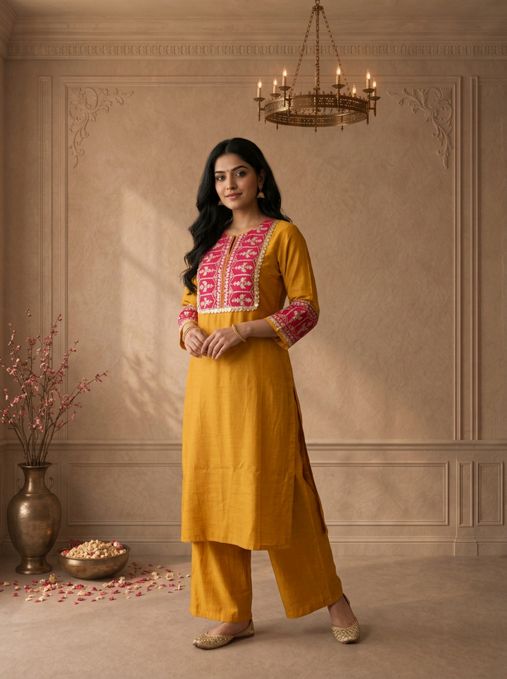 Mustard Rayon Solid With Thread Embroidered Two Piece Set