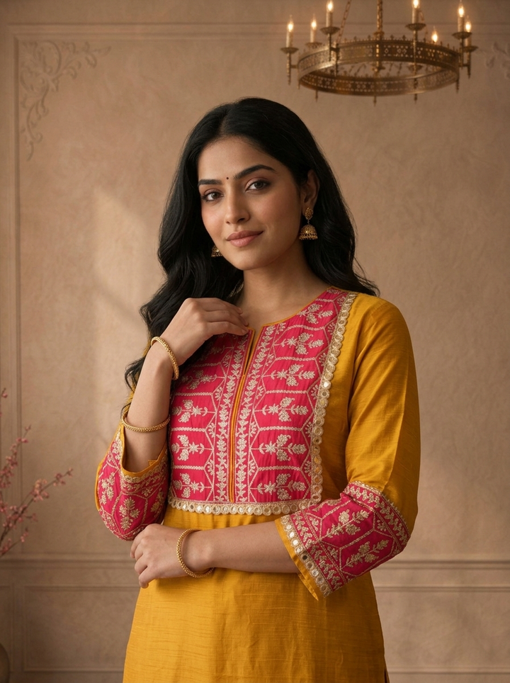 Mustard Rayon Solid With Thread Embroidered Two Piece Set