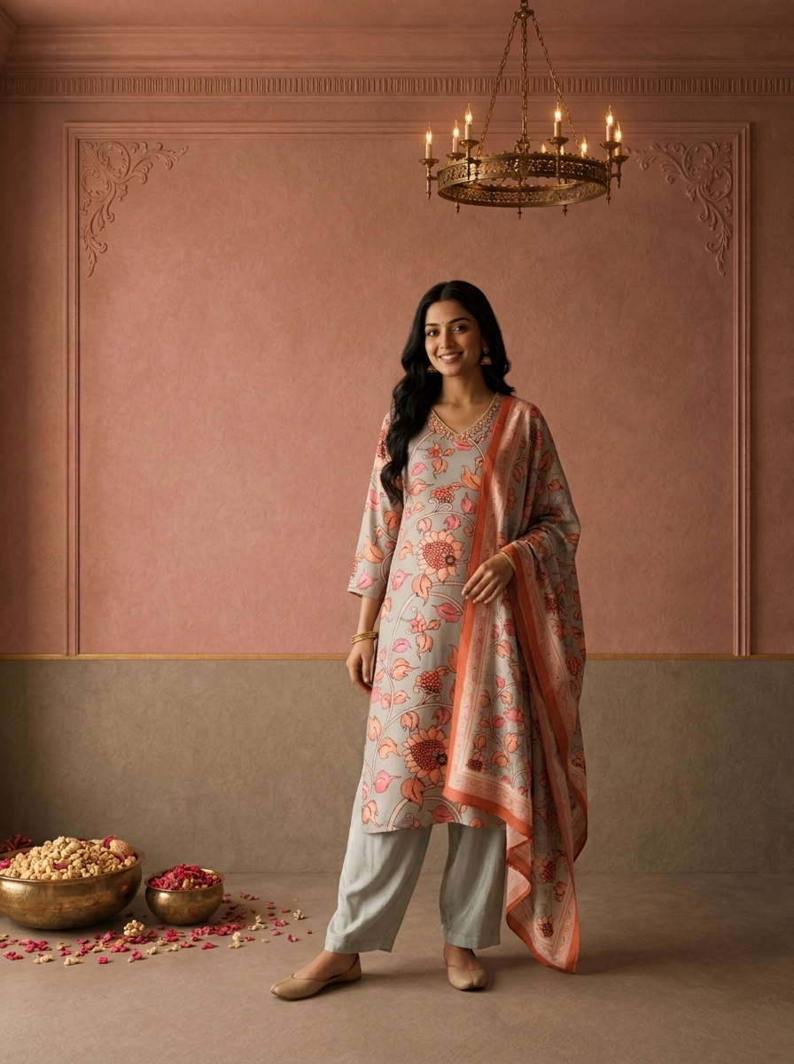 Grey Muslin Floral Kalamkari Printed Three Piece Set