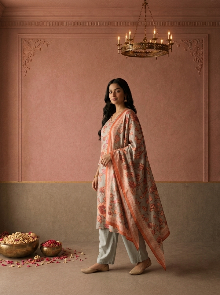 Grey Muslin Floral Kalamkari Printed Three Piece Set