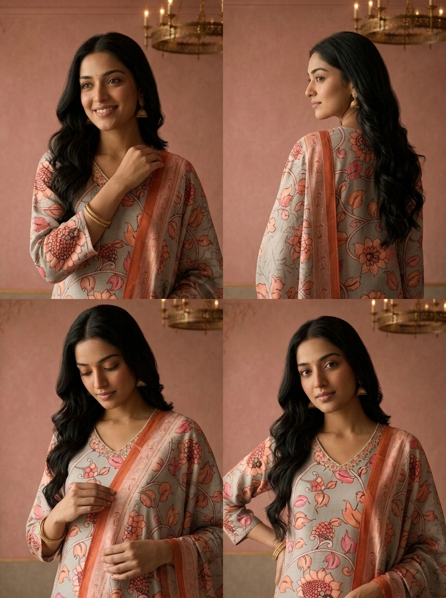 Grey Muslin Floral Kalamkari Printed Three Piece Set