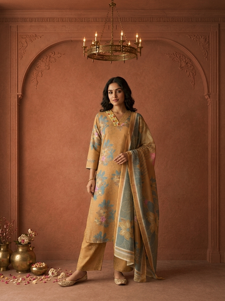 Mustard Green Rayon Floral Printed Three Piece Set